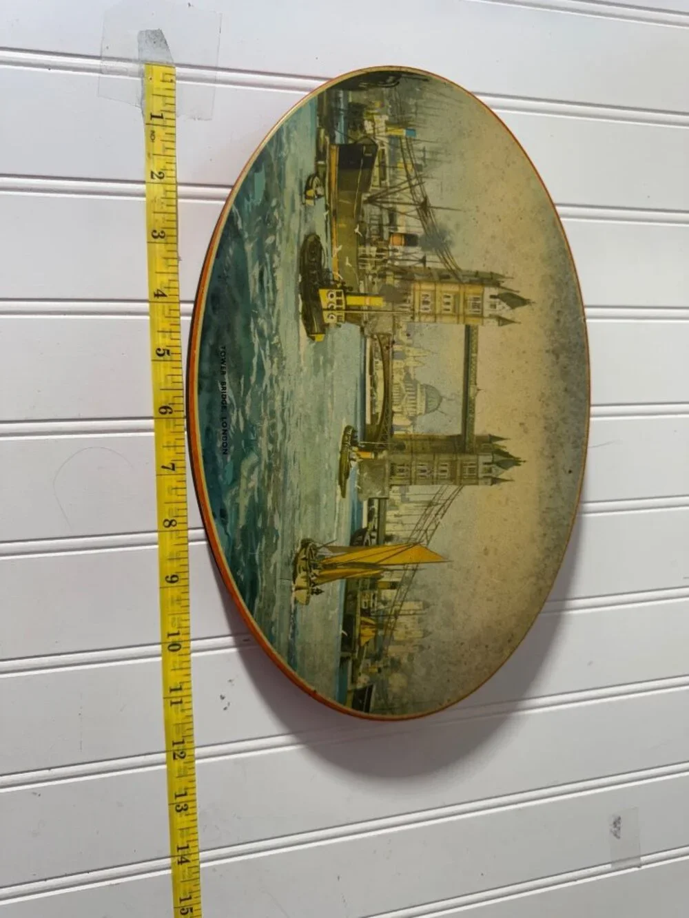 Vintage Tin Tower Bridge London Illustration  Decorative Oval Design England Dec